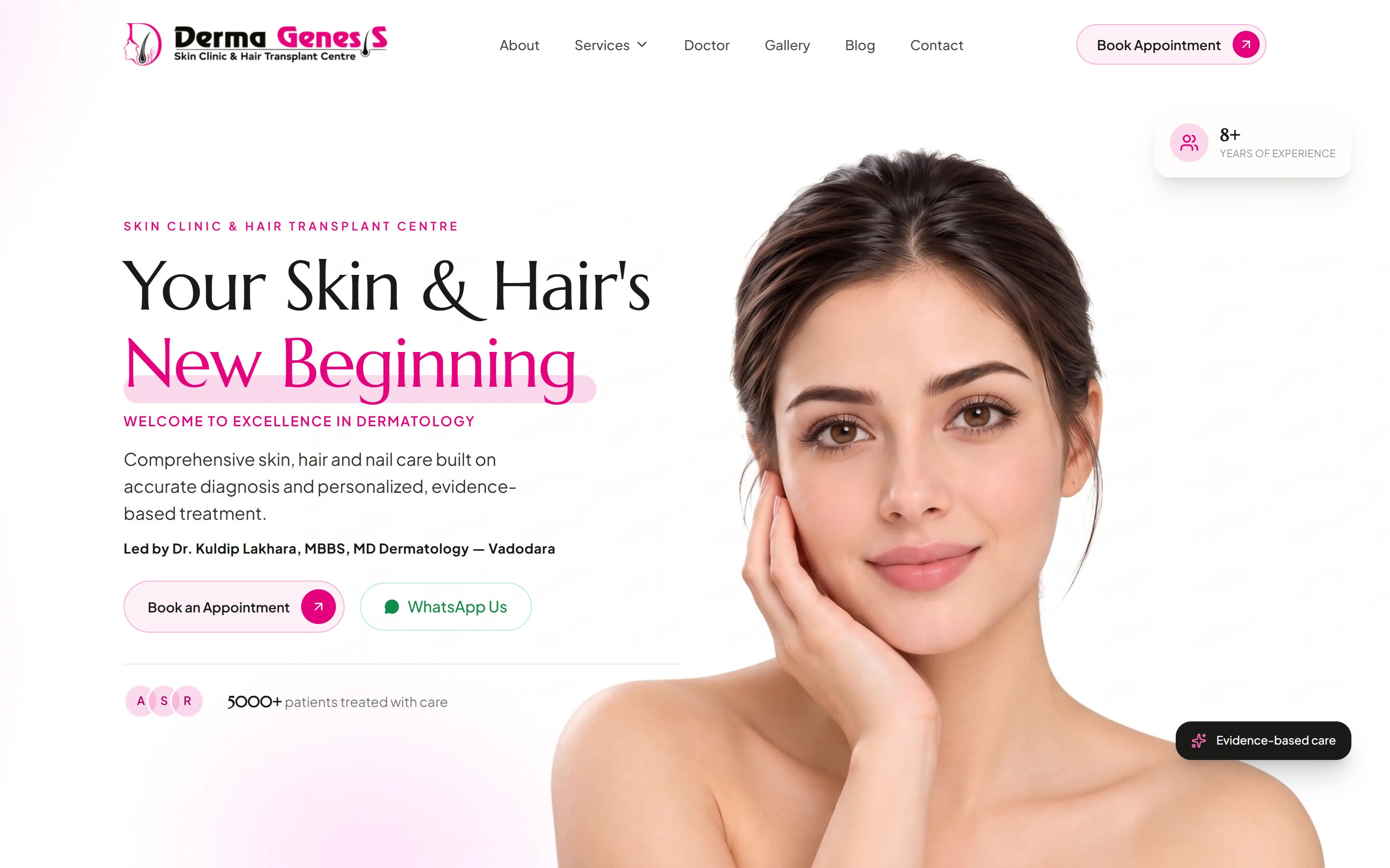 Derma Genesis homepage hero: “Your Skin & Hair’s New Beginning”, with appointment and WhatsApp buttons