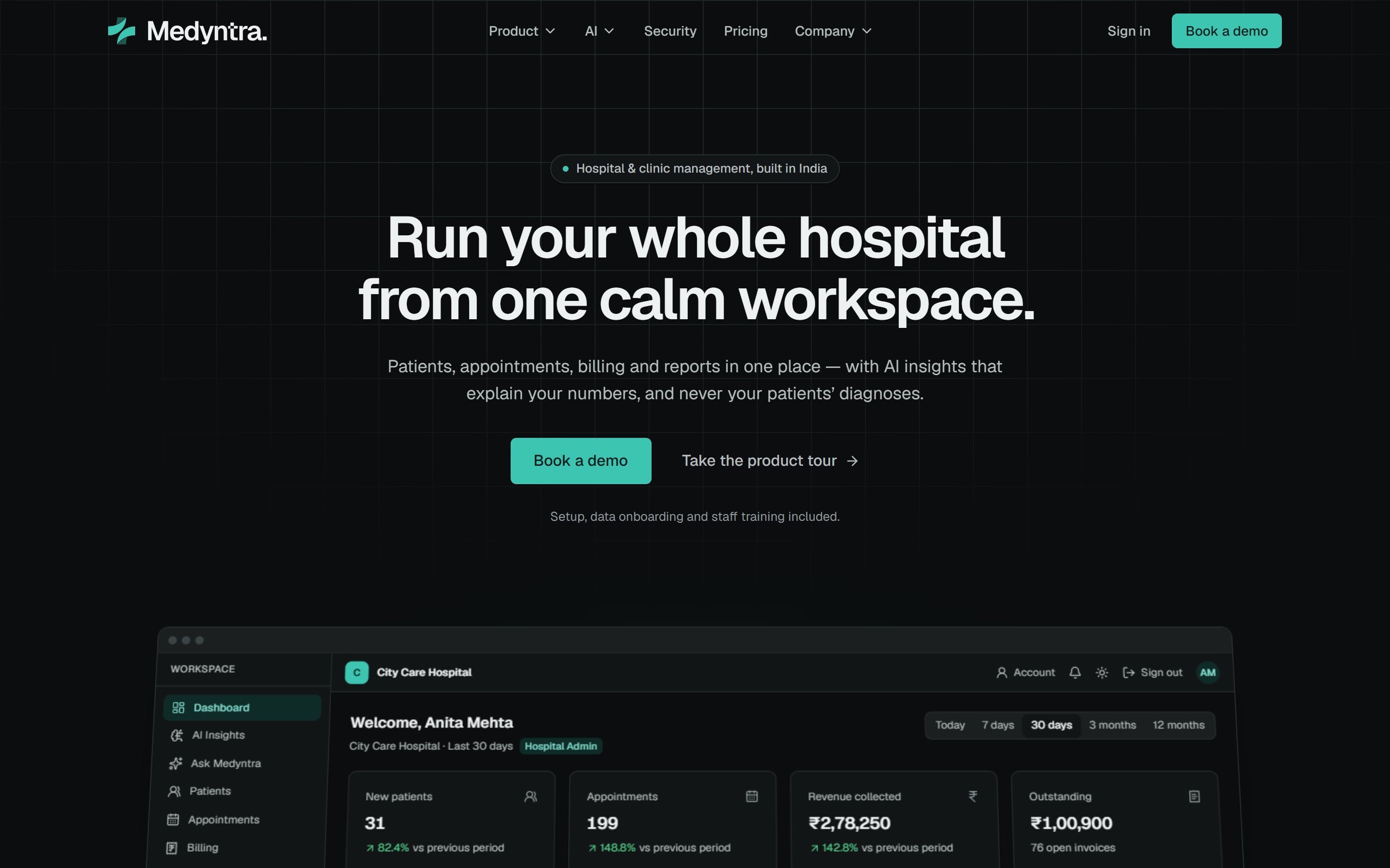 Medyntra dashboard showing registrations, appointments, revenue and outstanding dues for a hospital