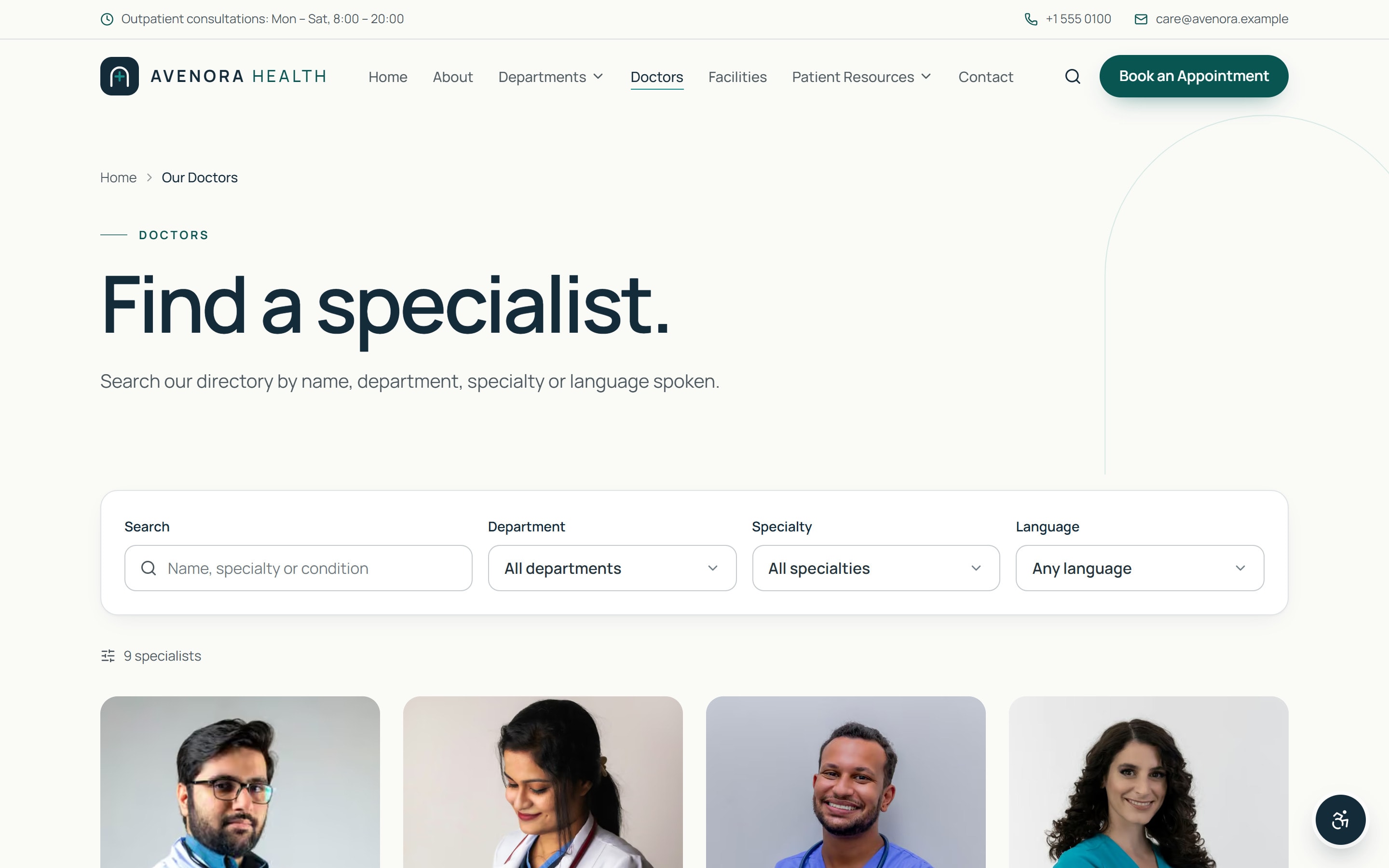 Avenora Health doctor directory with search and filters by department, specialty and language