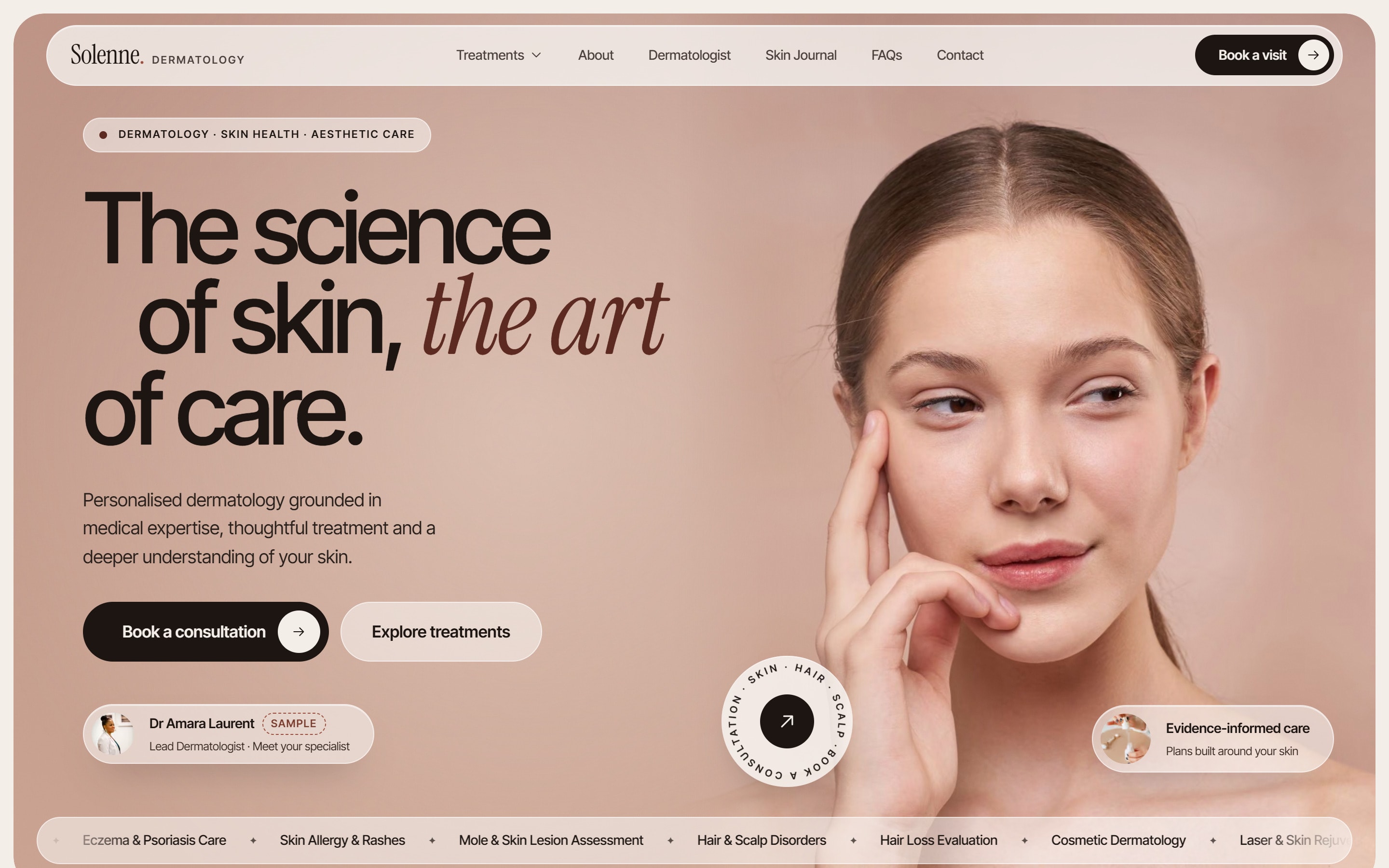 Solenne Dermatology homepage: the science of skin, the art of care