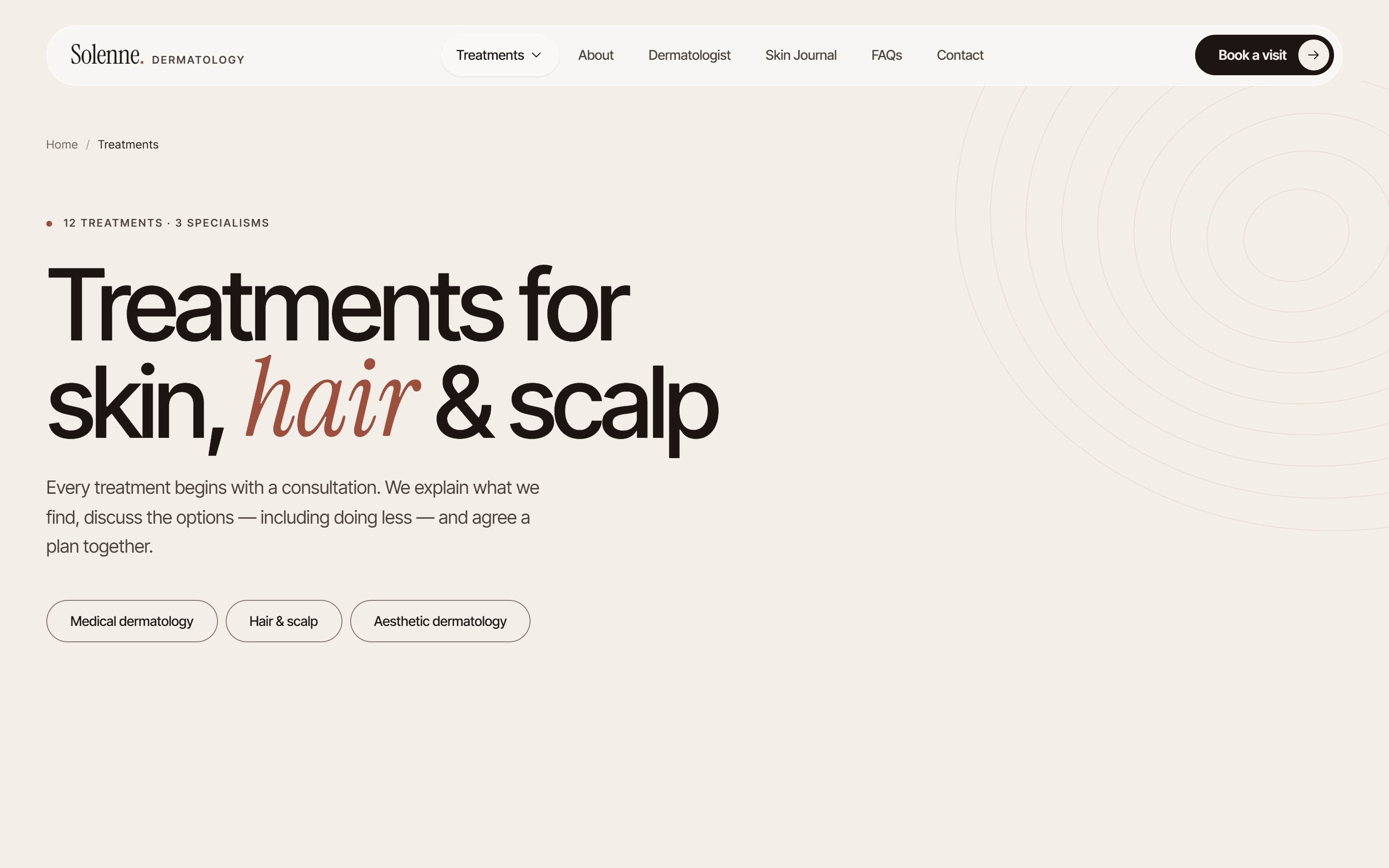 Solenne Dermatology treatments page for skin, hair and scalp